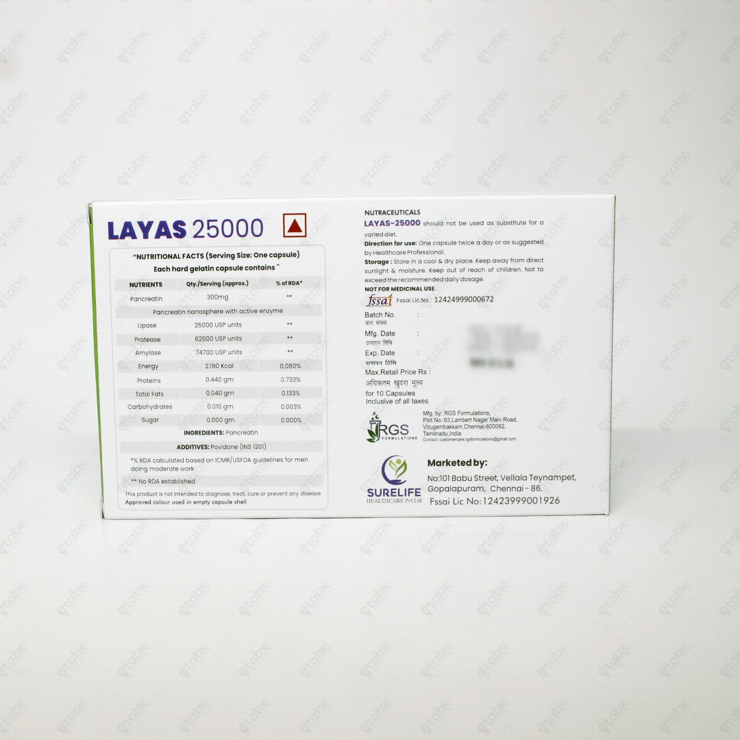 Layas 25000 Capsules Pancreatic Enzyme Supplement 10's