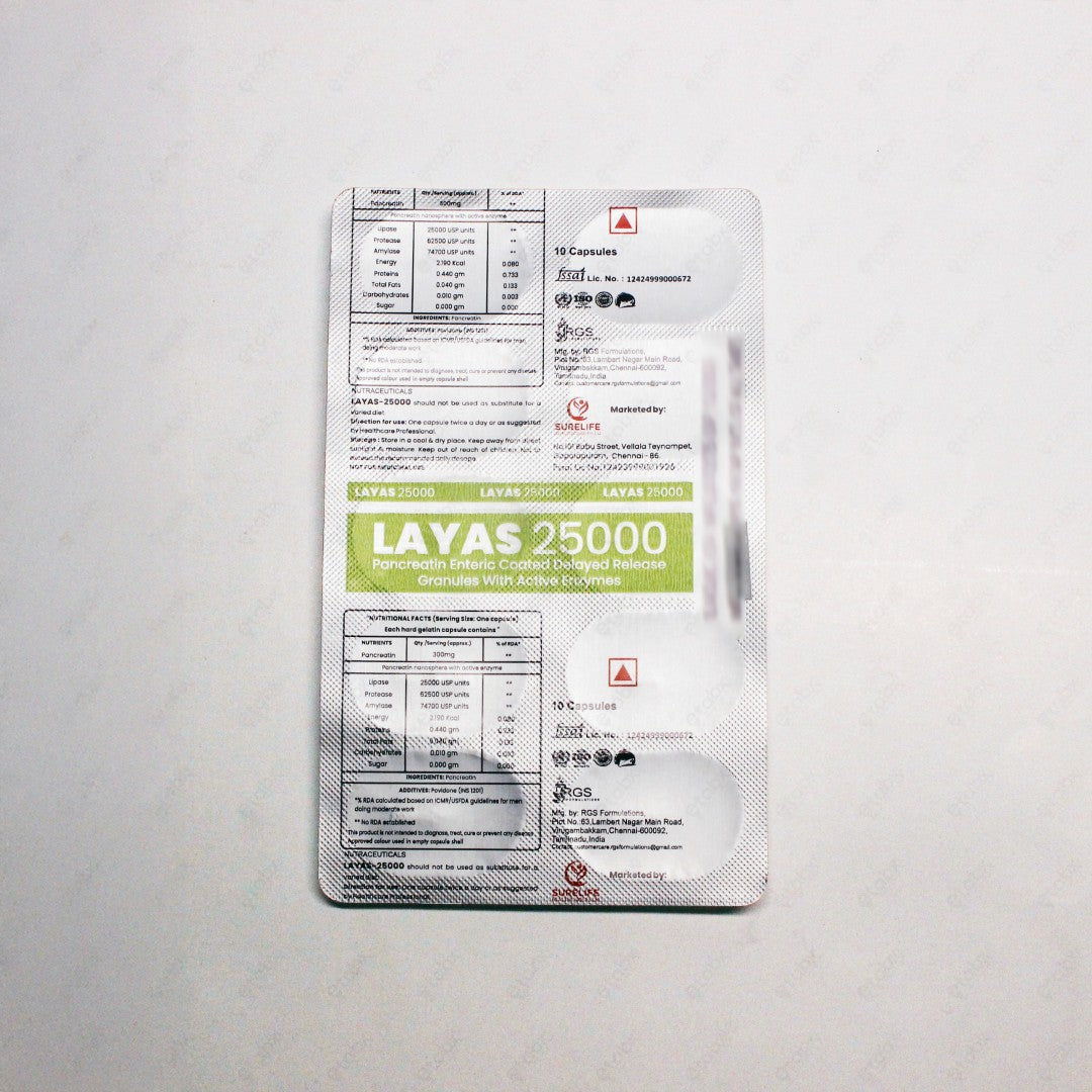 Layas 25000 Capsules Pancreatic Enzyme Supplement 10's