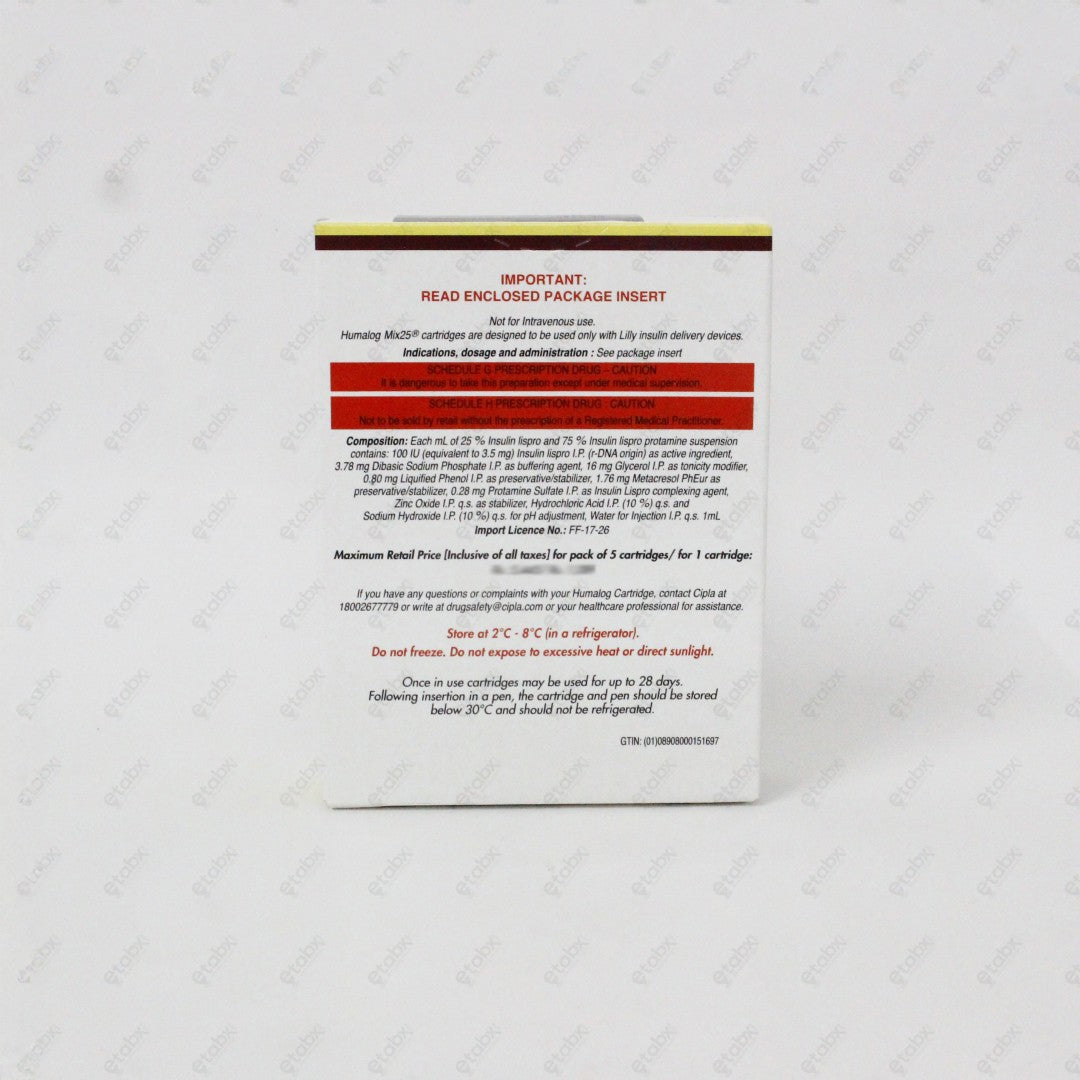 Humalog Mix 25 Cartridge 100IU/ml (5x3ml) – Premixed Insulin Lispro for Type 2 Diabetes