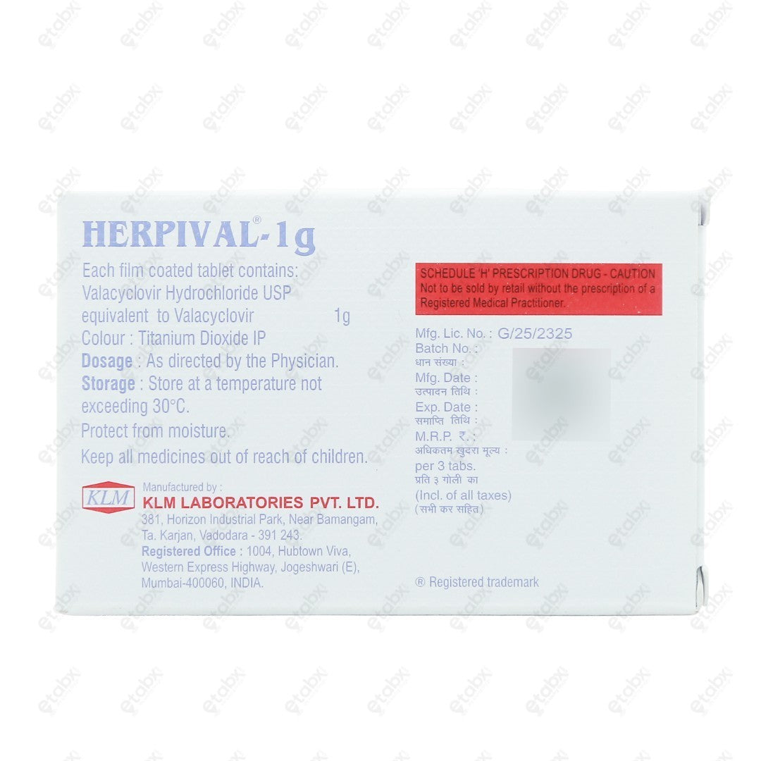 Herpival 1000mg Tablets 3's