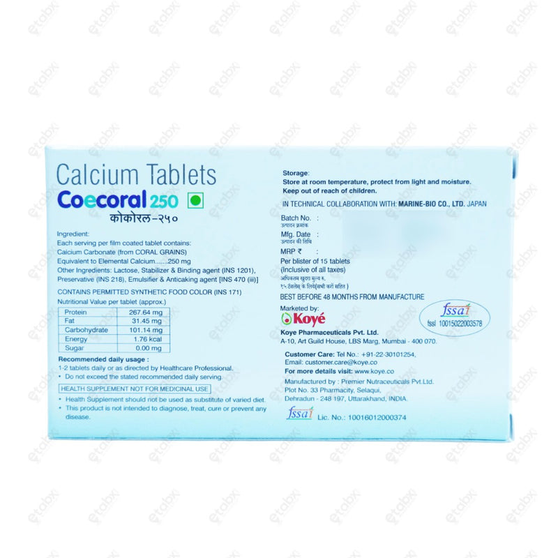 Coecoral 250mg Tablets 15's