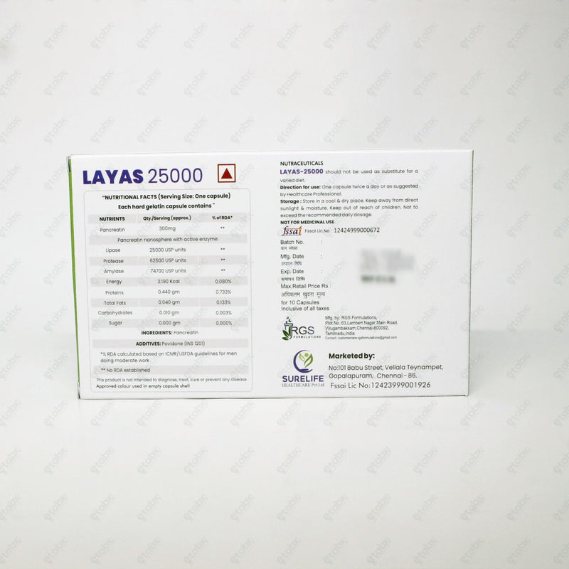 Layas 25000 Capsules Pancreatic Enzyme Supplement 10's